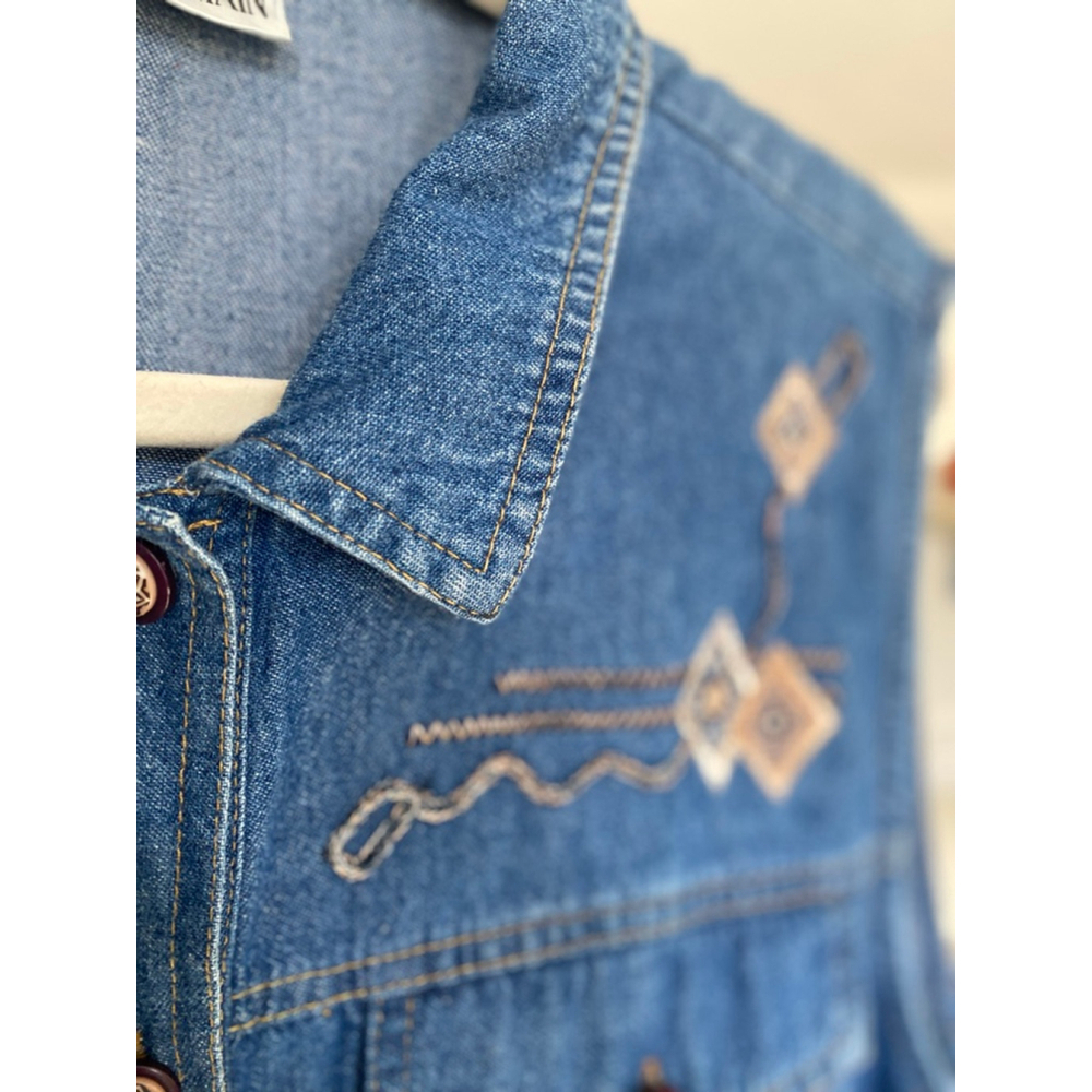 Saint Germain Embroidered Denim Vest Boho Western Artisan Vintage Ranch Festival - Picture 6 of 9